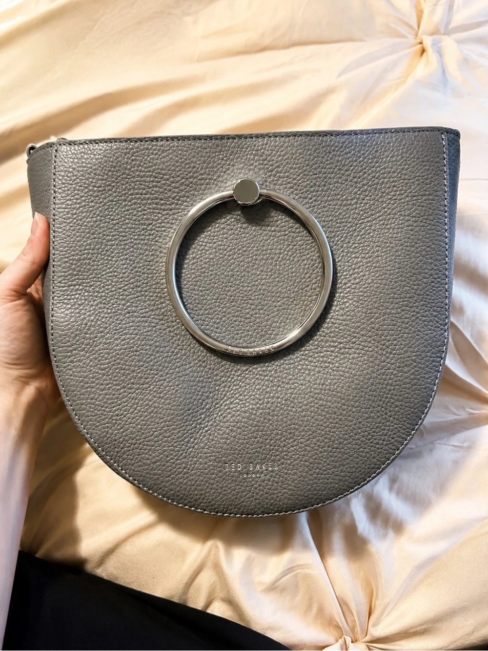 Ted Baker Grey Genuine Leather Ring Handle Crossbody Bag NWT Silver Hardware
